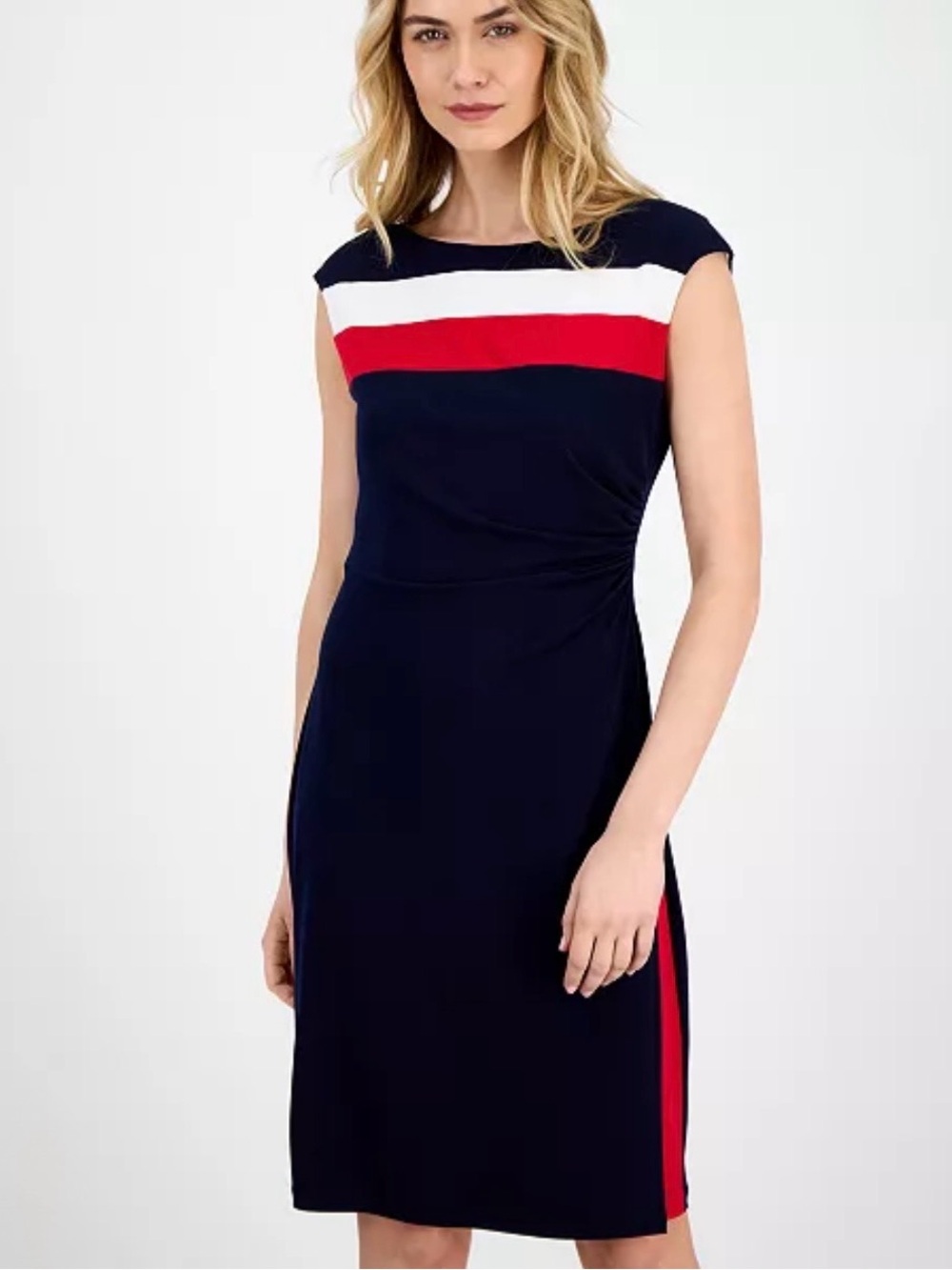 Connected apparel Navy, White & Red Cap-Sleeve Midi Dress Size 10
